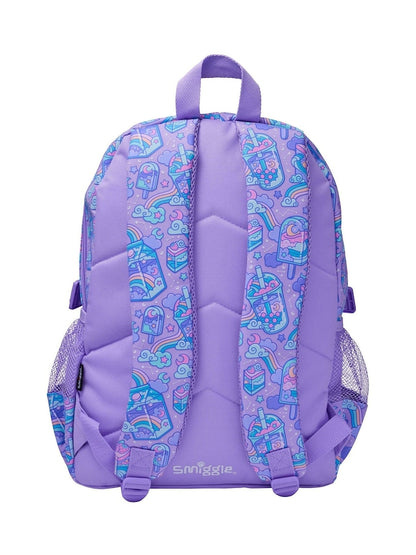 Smiggle 16 Inch Kids Backpack – Purple Pastel Sweet Treat Print School Bag with Shimmer Front, Bottle Holders & Adjustable Straps