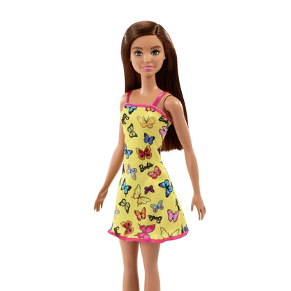 "Barbie Butterfly Elegance: Yellow Dress with Colorful Butterfly and Barbie Logo Print, Complete with Strappy Heels