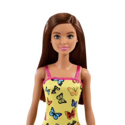 "Barbie Butterfly Elegance: Yellow Dress with Colorful Butterfly and Barbie Logo Print, Complete with Strappy Heels