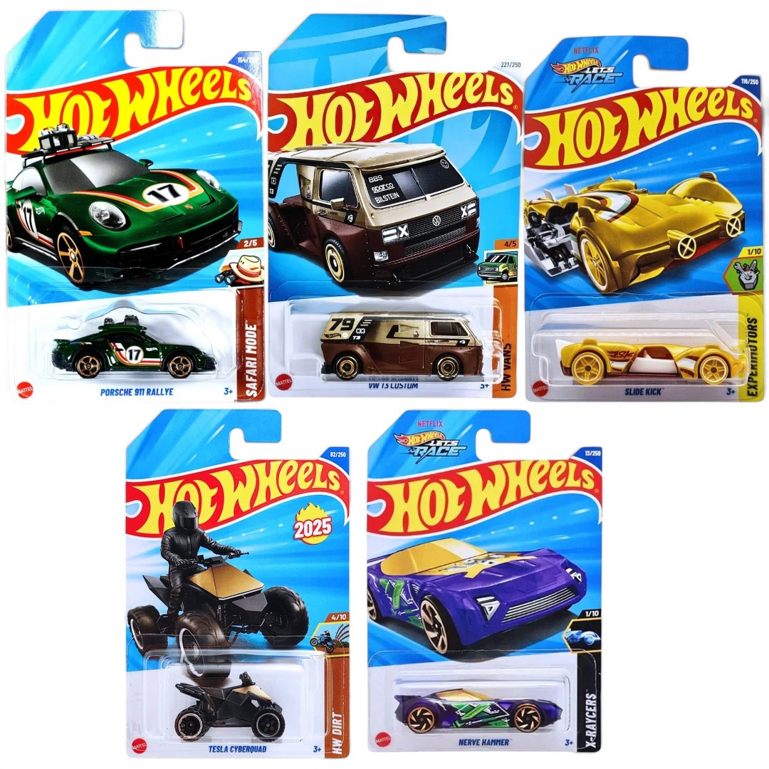 Hot Wheels 1:64 Scale 5-Car Set – Porsche 911 Rally Safari Mode, Tesla Cyberquad HW Dirt, VW T3 Custom, Slide Kick & Nerve Hammer