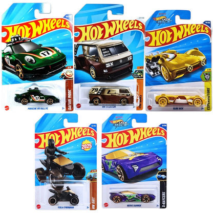 Hot Wheels 1:64 Scale 5-Car Set – Porsche 911 Rally Safari Mode, Tesla Cyberquad HW Dirt, VW T3 Custom, Slide Kick & Nerve Hammer
