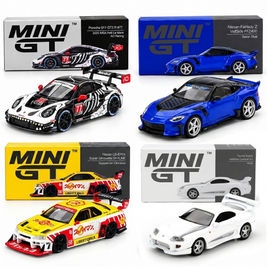 MINI GT 1:64 Diecast 4-Car Collector Set – Porsche 911 GT3 R #77, Nissan VeilSide Z, Liberty Walk Skyline #58 & Toyota Supra VeilSide Combat V-I White