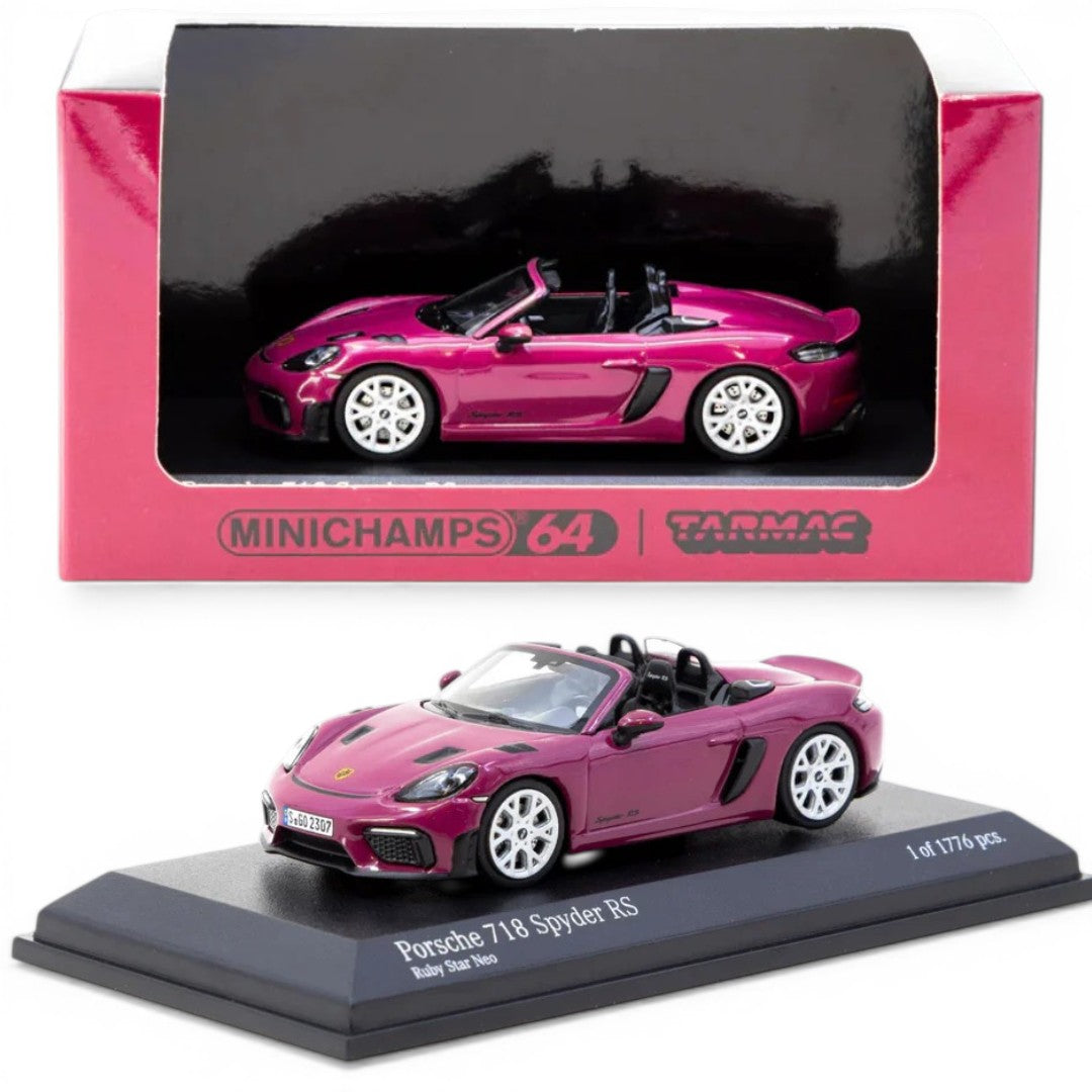 Minichamps x Tarmac Works COLLAB64 1:64 Porsche 718 Spyder RS Set – Ruby Star Neo & Yellow Diecast Model Cars (2 Variants)