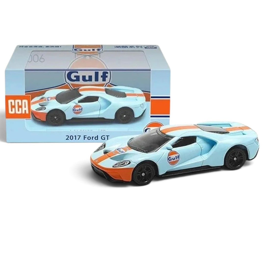 CCA 1:64 2017 Ford GT Gulf Die-Cast Model Car | Light Blue & Orange Racing Livery Collectible