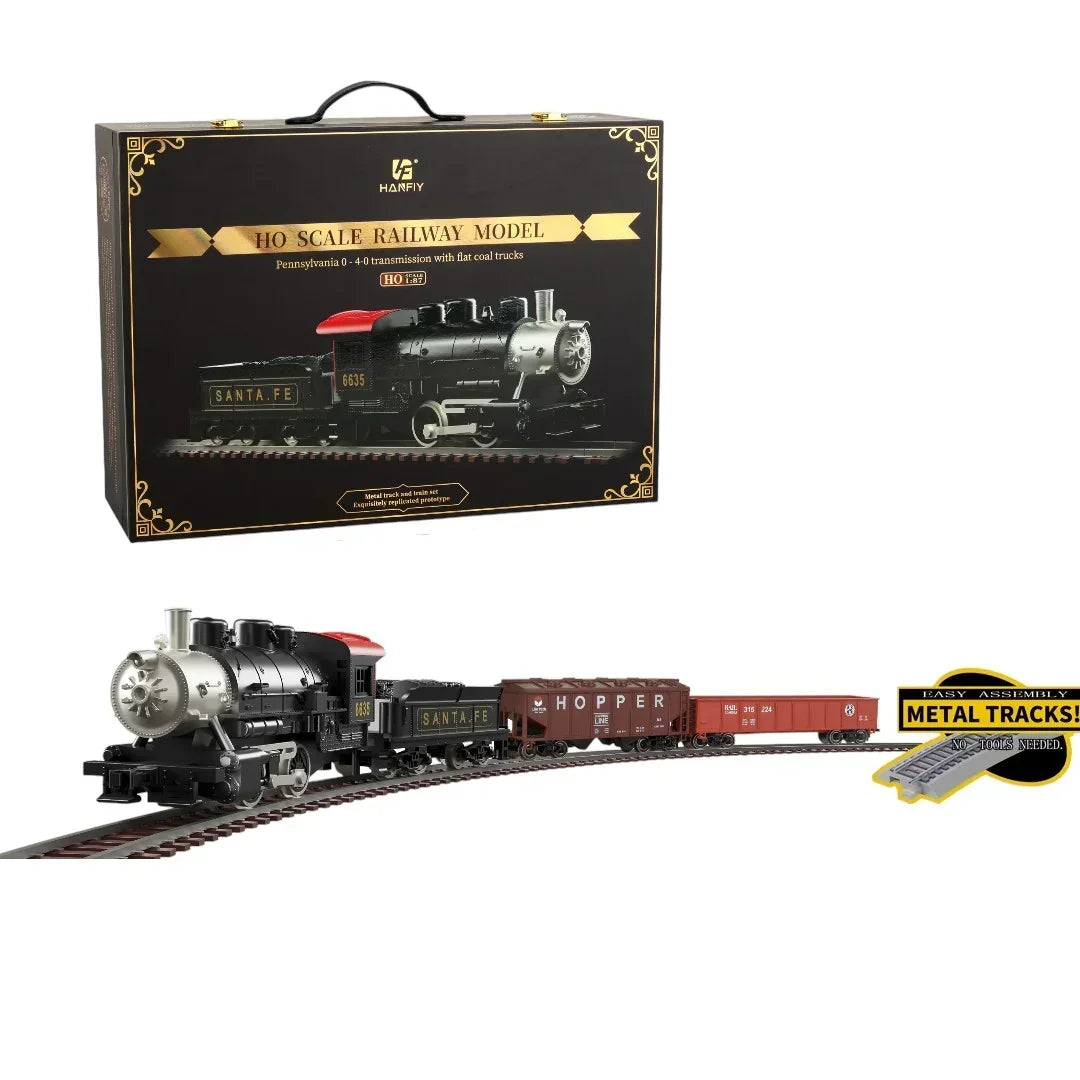 HANFIY HO Scale Railway Model No.66200 Pennsylvania 0-4-0 steam locomotive train set with metal tracks and freight wagons, 187x98 cm layout.