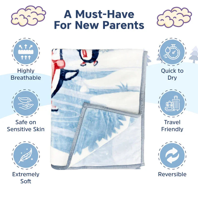 Hopop Joyful Parenting Soft and Warm Baby Blanket Skating Penguins (Blue) - Jaiman Toys