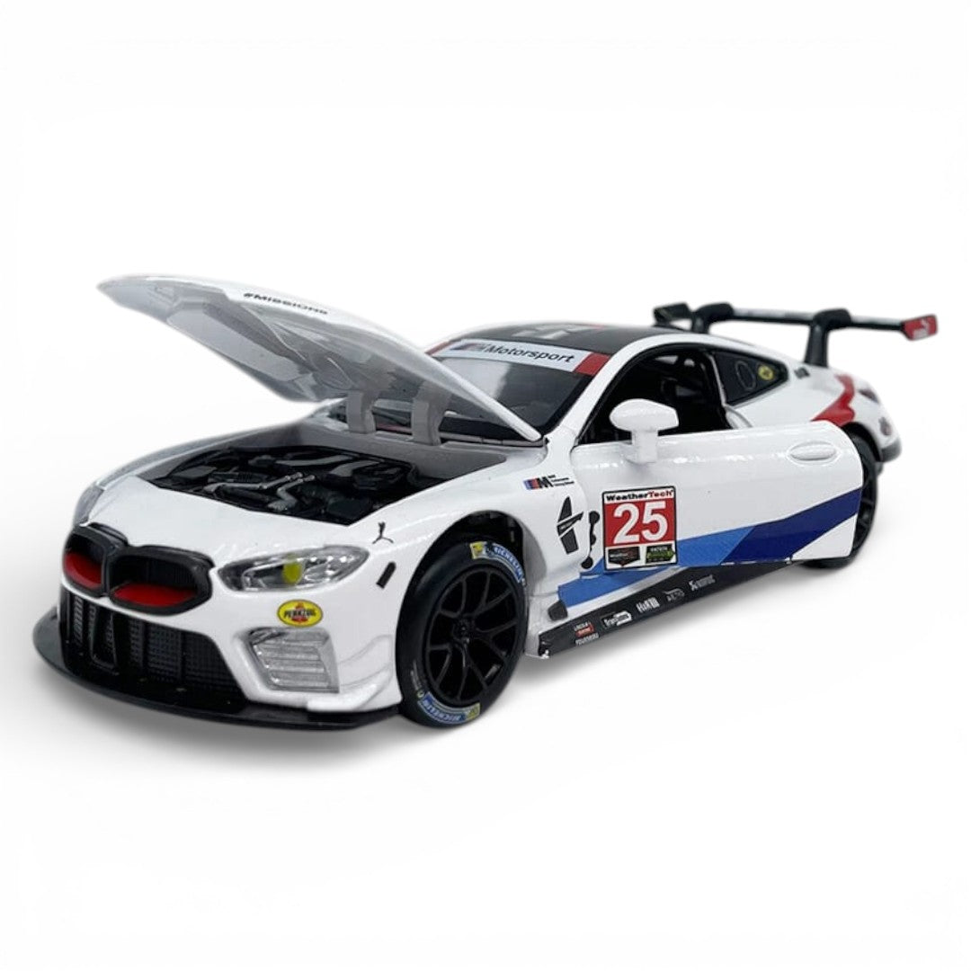 RMZ Hobby 1:32 BMW M8 GTE Die-Cast Model Car – White |Pull Back, Openable Doors, Light & Sound (664996)