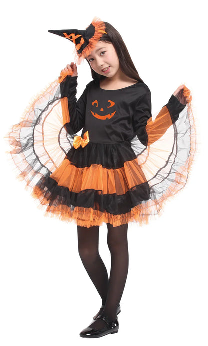 Girls Performance Witch Pumpkin Costumes With Hat Fancy Popular Halloween Makeup Ball Party Dress Kids Cosplay Performance Gift