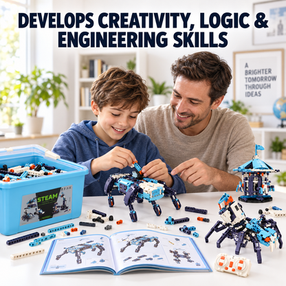 Multi-Model Remote-Controlled STEM Robotics Building Kit with Motors, Gears, Wheels, USB Charging Cable, Instruction Manual & Storage Box for Kids