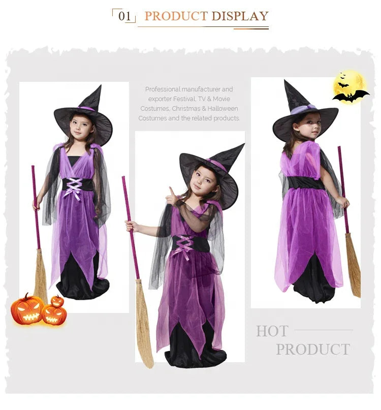 Girls’ Purple Witch Halloween Costume with Dress & Hat – Pretend Play Outfit