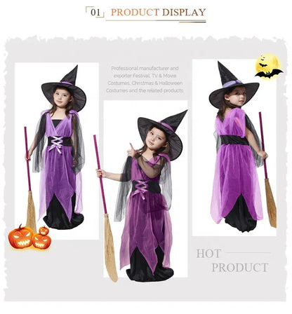 Girls’ Purple Witch Halloween Costume with Dress & Hat – Pretend Play Outfit