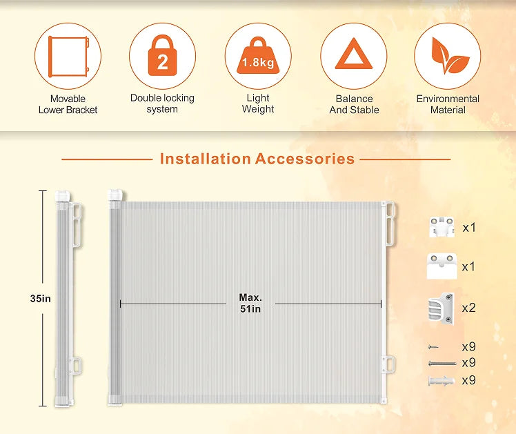 SG018 Baby Safety Gate- Retractable Extra Large PVC Mesh Safety Gate – Child & Pet Safety Barrier for Doorways, Hallways & Stairs