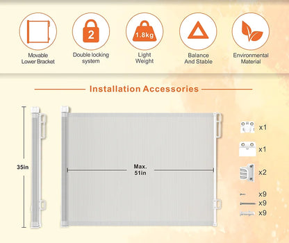 SG018 Baby Safety Gate- Retractable Extra Large PVC Mesh Safety Gate – Child & Pet Safety Barrier for Doorways, Hallways & Stairs
