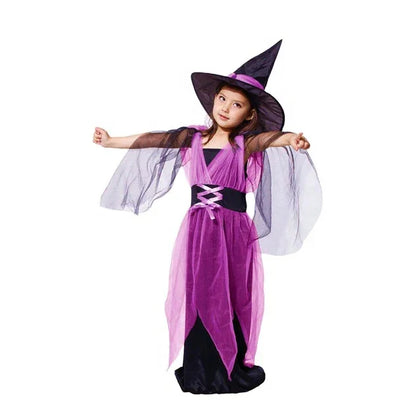 Girls’ Purple Witch Halloween Costume with Dress & Hat – Pretend Play Outfit