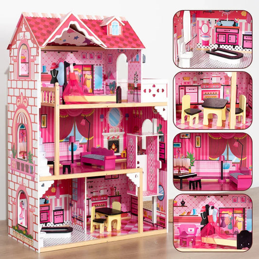 Pink Villa Doll House Toys Diy Castle Family Birthday Gift Deluxe Doll House Set-For Kids