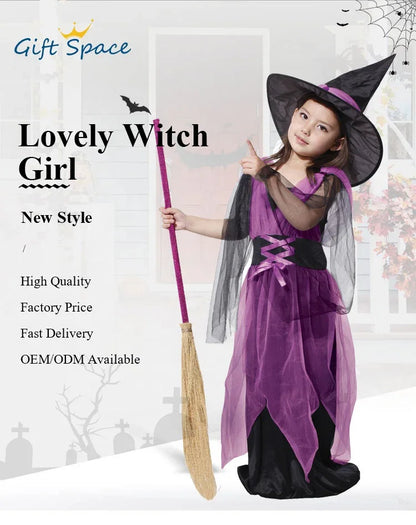 Girls’ Purple Witch Halloween Costume with Dress & Hat – Pretend Play Outfit