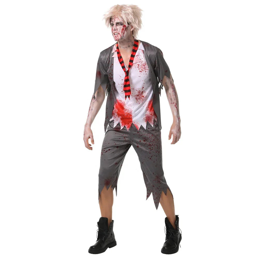 Men’s Zombie Schoolboy Halloween Costume Includes Tattered shirt,Tie ,Pant – Adult Horror Outfit