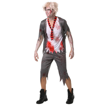 Men’s Zombie Schoolboy Halloween Costume Includes Tattered shirt,Tie ,Pant – Adult Horror Outfit
