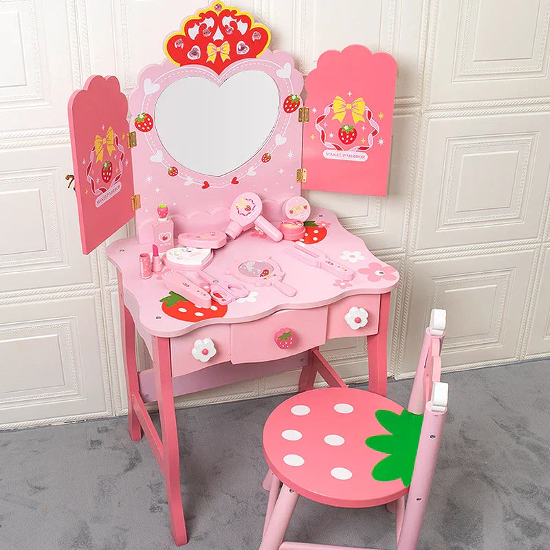 Pretend Role Play Drawing Makeup Game Toy Wooden Pink Princess Dressing Table Toy
