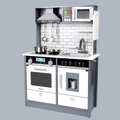 Wooden Kids Kitchen Playset with Light & Sound | Pretend Play Cooking Set With Range Hood, Microwave & Sink | Role Play Toy for Children