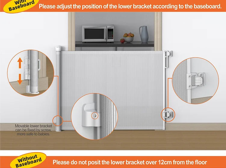 SG018 Baby Safety Gate- Retractable Extra Large PVC Mesh Safety Gate – Child & Pet Safety Barrier for Doorways, Hallways & Stairs