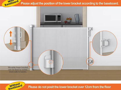 SG018 Baby Safety Gate- Retractable Extra Large PVC Mesh Safety Gate – Child & Pet Safety Barrier for Doorways, Hallways & Stairs