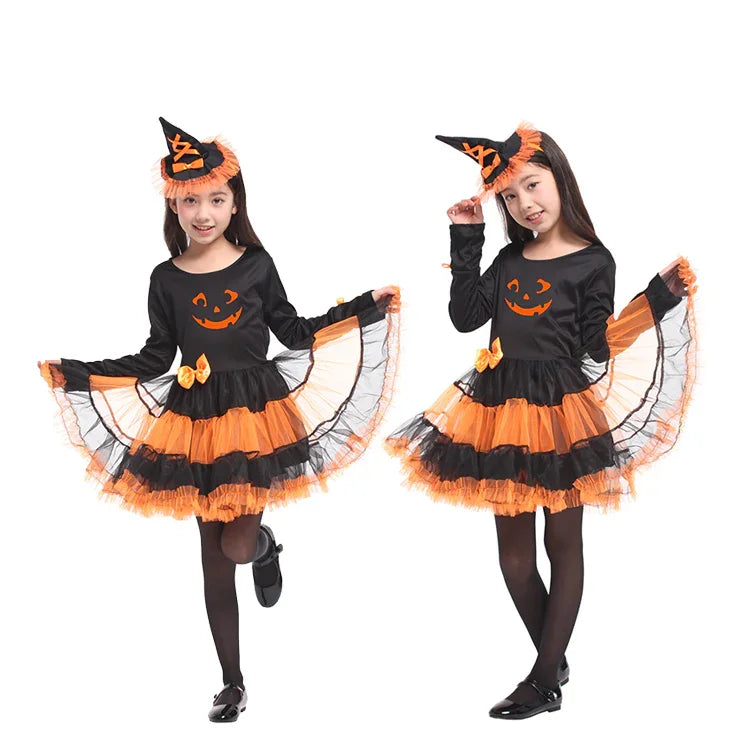 Girls Performance Witch Pumpkin Costumes With Hat Fancy Popular Halloween Makeup Ball Party Dress Kids Cosplay Performance Gift