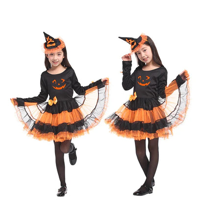 Girls Performance Witch Pumpkin Costumes With Hat Fancy Popular Halloween Makeup Ball Party Dress Kids Cosplay Performance Gift
