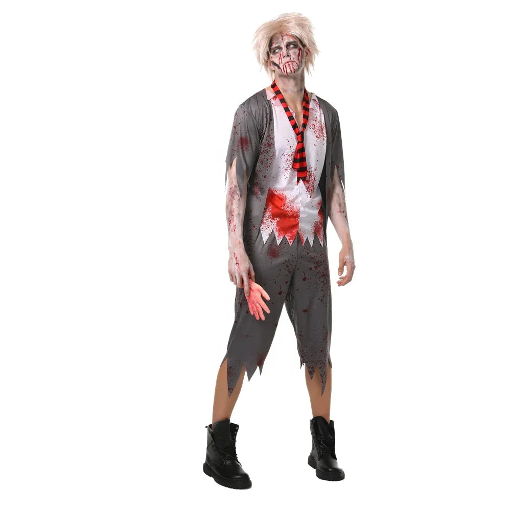 Men’s Zombie Schoolboy Halloween Costume Includes Tattered shirt,Tie ,Pant – Adult Horror Outfit