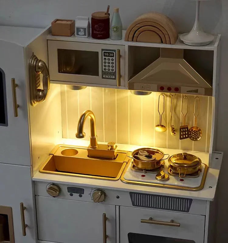 Light-Up Wooden Play Kitchen Set for Kids Pretend Food & Water Play