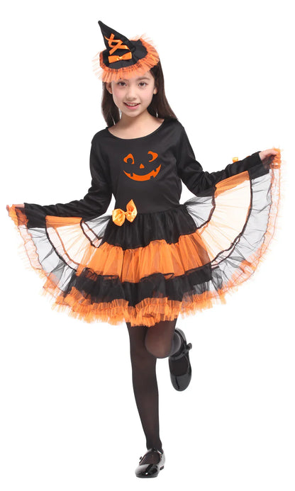 Girls Performance Witch Pumpkin Costumes With Hat Fancy Popular Halloween Makeup Ball Party Dress Kids Cosplay Performance Gift