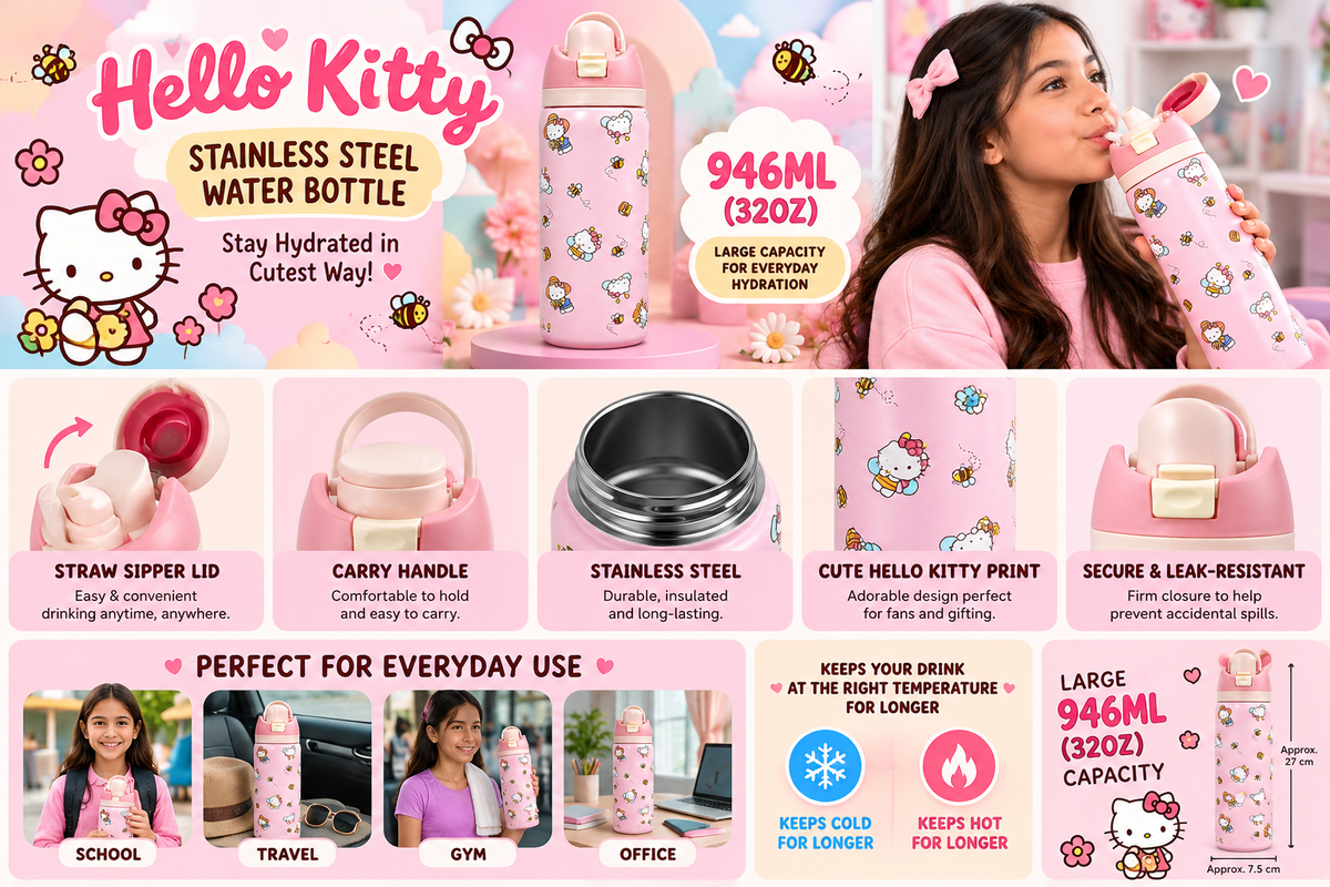 Hello Kitty 946ml (32oz) Insulated Stainless Steel Water Bottle for Girls with Straw Sipper Lid, Carry Handle, Leak-Resistant Design & Cute Pink Bee Print – Large Capacity Reusable Travel Bottle - details 1