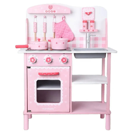 Pink Wooden Kitchen Role Play Toy Set For Kids Kitchen Mini Simulation Cooking Pretend Play Set