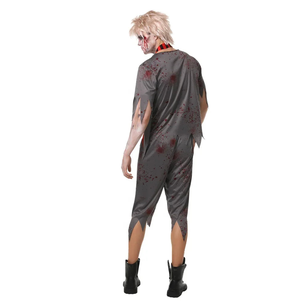 Men’s Zombie Schoolboy Halloween Costume Includes Tattered shirt,Tie ,Pant – Adult Horror Outfit