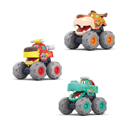 Hola Monster Trucks Toy Set – 3 Cartoon Push & Go Trucks for Toddlers (Pull-Back, Friction Powered, 12–60 Months)