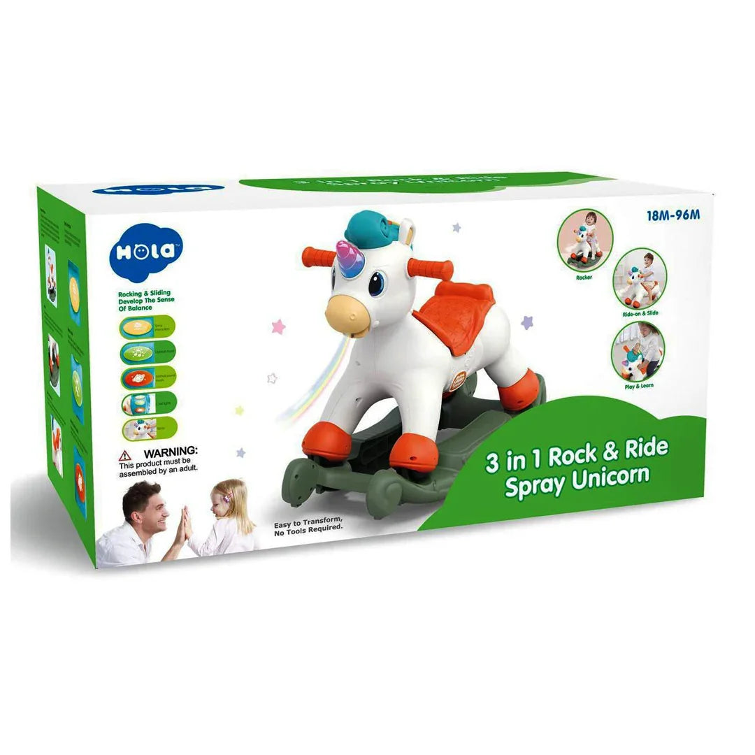 Hola Toys Musical Unicorn – 3-in-1 Rocking Spray Ride-On for Kids (18 Months to 8+ Years) - Jaiman Toys