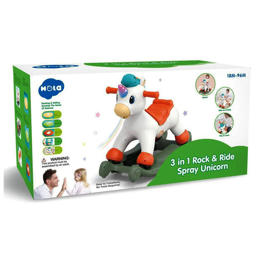 Hola Toys Musical Unicorn – 3-in-1 Rocking Spray Ride-On for Kids (18 Months to 8+ Years) - Jaiman Toys