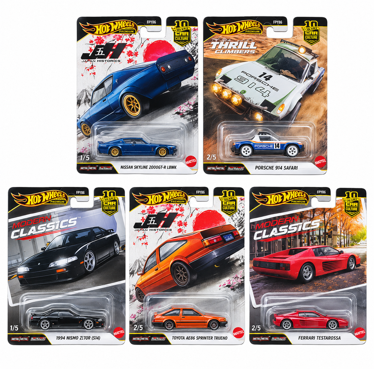 Hot Wheels Premium Car Culture JKF00-9C96 1:64 Scale Diecast Cars Pack of 5 | Nissan Skyline, Porsche 914 Safari, 1994 Nismo 270R, Toyota AE86 & Ferrari Testarossa | Collectible Model Cars