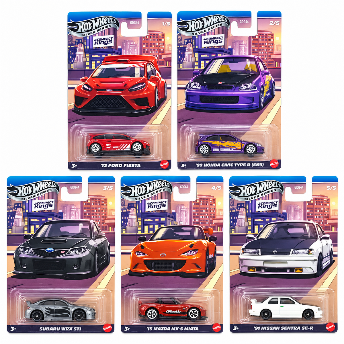 Hot Wheels GDG44-9C7Q 1:64 Silver Series Compact Kings Complete Set of 5 Die-Cast Cars | Ford Fiesta, Honda Civic Type R, Subaru WRX STI, Mazda MX-5 Miata & Nissan Sentra SE-R