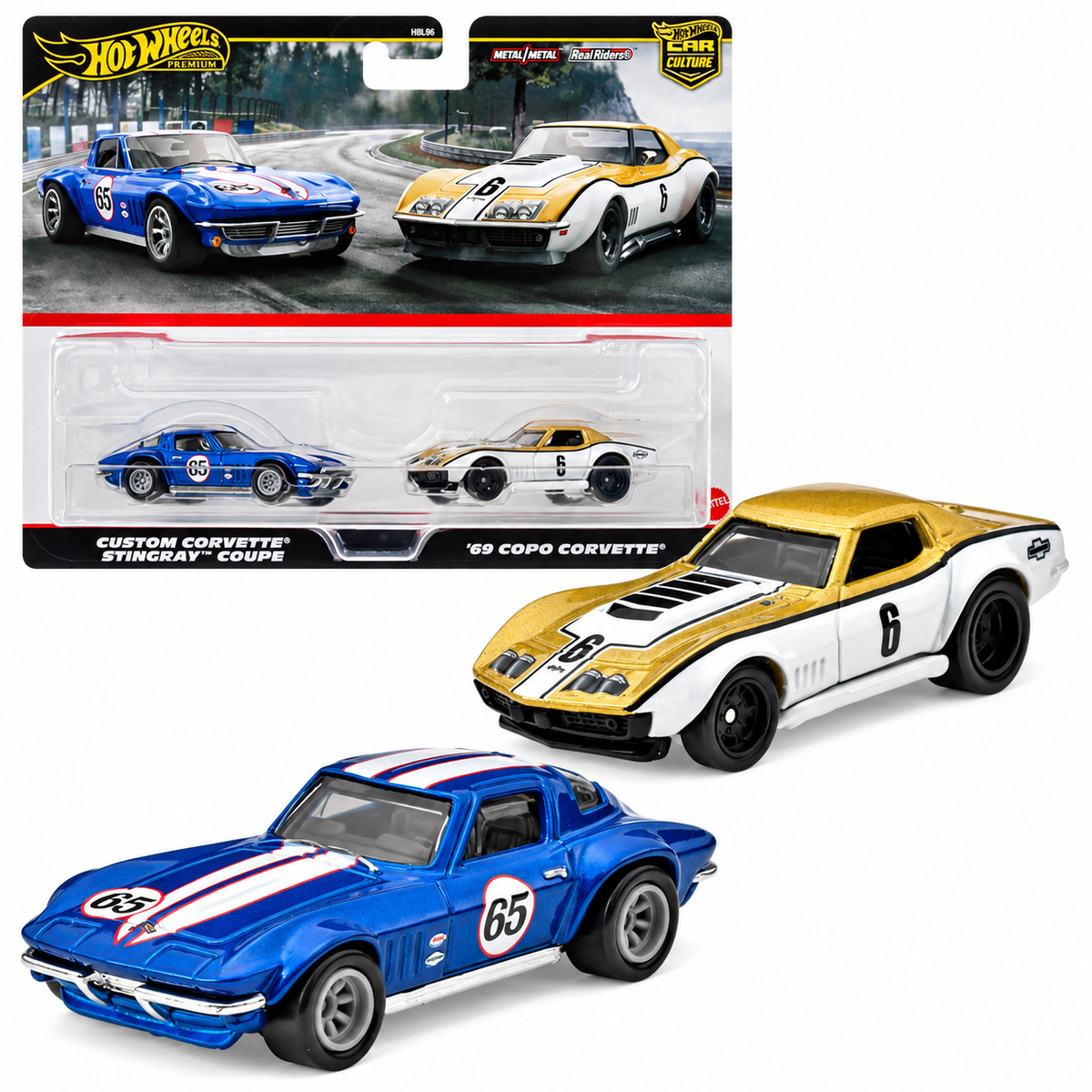 Hot Wheels Premium HBL96-953N 1:64 Scale Car Culture Corvette 2-Pack Die-Cast Cars | Custom Corvette Stingray & '69 COPO Corvette | Metal Body | Collectible Model Cars