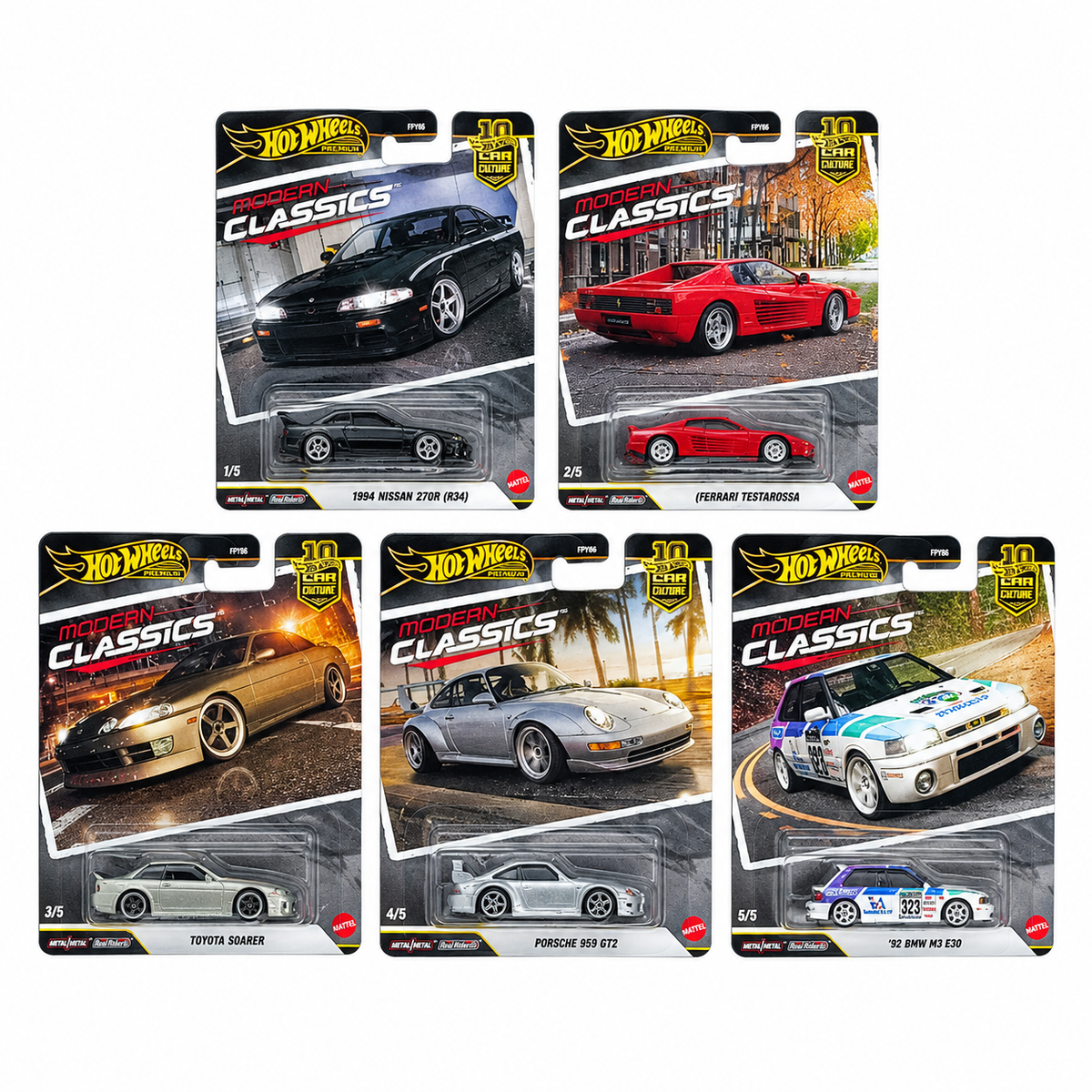 Hot Wheels Premium FPY86-9C1S 1:64 Car Culture Modern Classics Complete Set of 5 Die-Cast Collectible Cars – Nismo 270R, Ferrari, Toyota, Porsche & Mazda 323 GTR