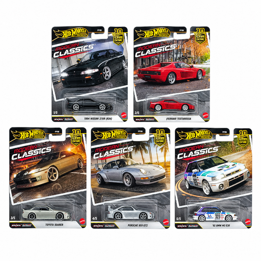 Hot Wheels Premium FPY86-9C1S 1:64 Car Culture Modern Classics Complete Set of 5 Die-Cast Collectible Cars – Nismo 270R, Ferrari, Toyota, Porsche & Mazda 323 GTR