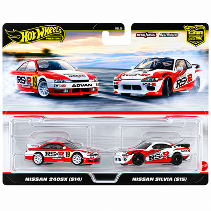Hot Wheels Premium HBL96-953N 1:64 Scale Nissan Drift 2-Car Set – Nissan 240SX (S14) & Nissan Silvia (S15) Diecast Collectible Cars with Metal Body & Real Riders Wheels