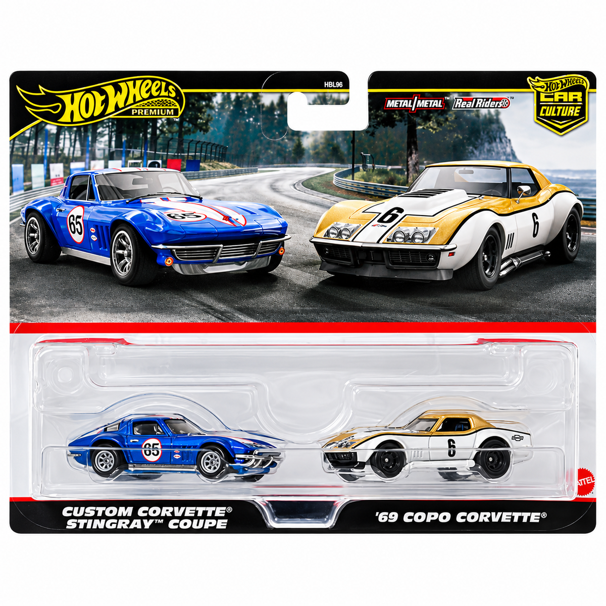 Hot Wheels Premium HBL96-953N 1:64 Scale Car Culture Corvette 2-Pack Die-Cast Cars | Custom Corvette Stingray & '69 COPO Corvette | Metal Body | Collectible Model Cars