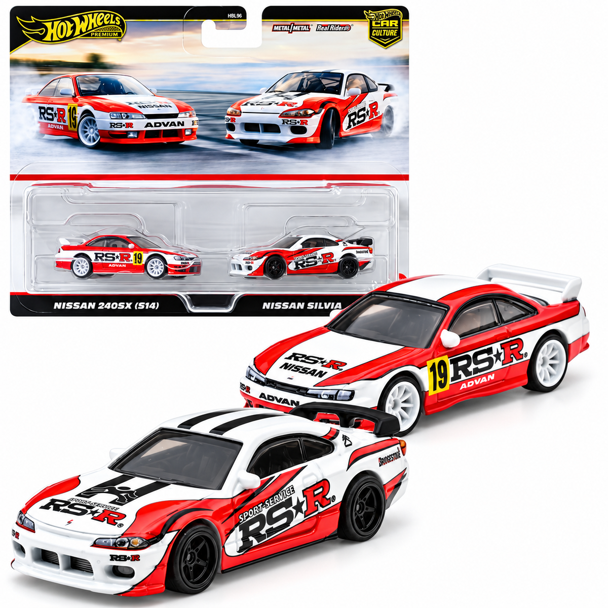 Hot Wheels Premium HBL96-953N 1:64 Scale Nissan Drift 2-Car Set – Nissan 240SX (S14) & Nissan Silvia (S15) Diecast Collectible Cars with Metal Body & Real Riders Wheels