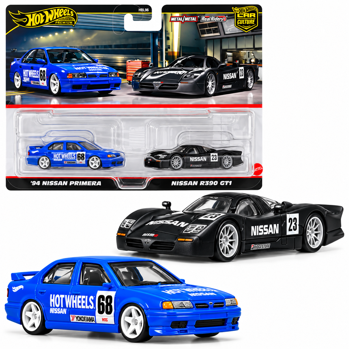 Hot Wheels Premium 1:64 Scale Car Culture Nissan 2-Pack – 1994 Nissan Primera & Nissan R390 GT1 Diecast Model Cars with Metal Body & Real Riders Rubber Tyres (HBL96-953N)
