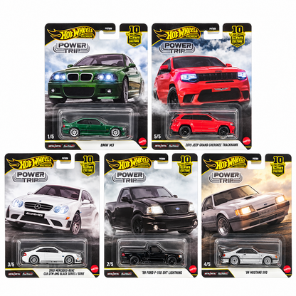 Hot Wheels Premium Car Culture Power Trip Pack of 5 Die-Cast Cars 1:64 Scale | BMW M3, Jeep Trackhawk, Mercedes-Benz AMG, Ford F-150 & Mustang SVO | Real Riders | FPY86-961R