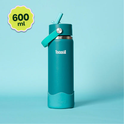 Basil 600ml Kids Stainless Steel Water Bottle with Straw & Carry Handle | 304 Stainless Steel, Food-Grade Silicone Base | Ages 7–12 Years