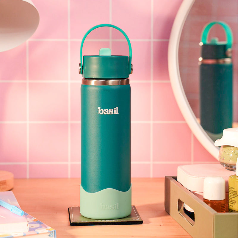 Basil 600ml Kids Stainless Steel Water Bottle with Straw & Carry Handle | 304 Stainless Steel, Food-Grade Silicone Base | Ages 7–12 Years