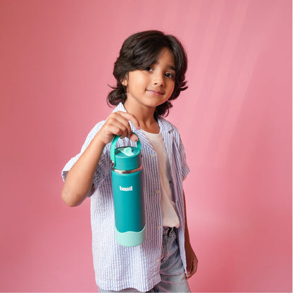 Basil 600ml Kids Stainless Steel Water Bottle with Straw & Carry Handle | 304 Stainless Steel, Food-Grade Silicone Base | Ages 7–12 Years